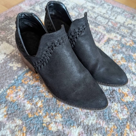 2/$20 FergaliciousBlack Ankle Booties Braided Detail Faux Suede 7.5 2" Heel - Picture 1 of 5